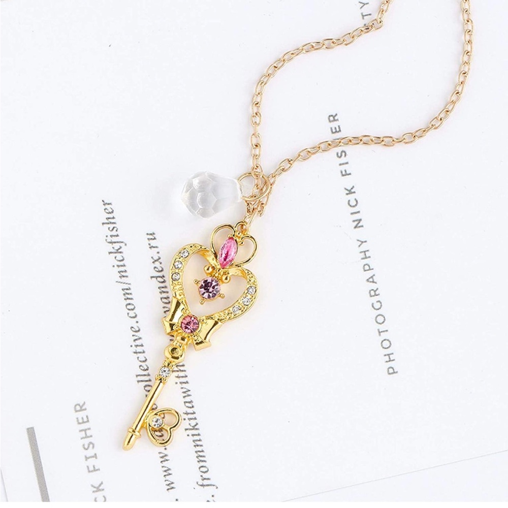 Beautiful Sailor Moon Gold Heart Wand Key Charm Chain Necklace